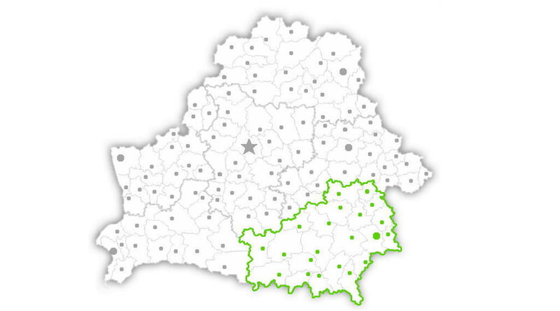 Города Гомельской области на карте Беларуси